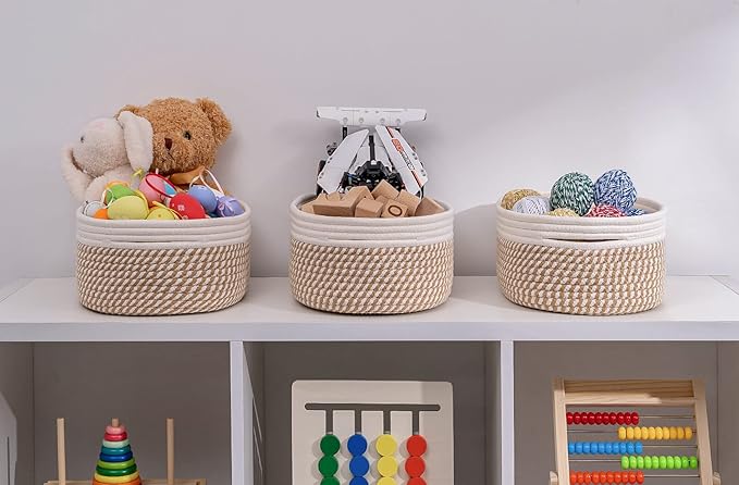 Shelf Storage Baskets for Organizing|Decorative Basket for Closet Storage|Toy Baskets&Bins|Small Woven Rope Baskets-13x8.66x5.11’’,Durable&Stylish,Oval 3 Packs Off White&Mixed Camel-Ruum Studio Home