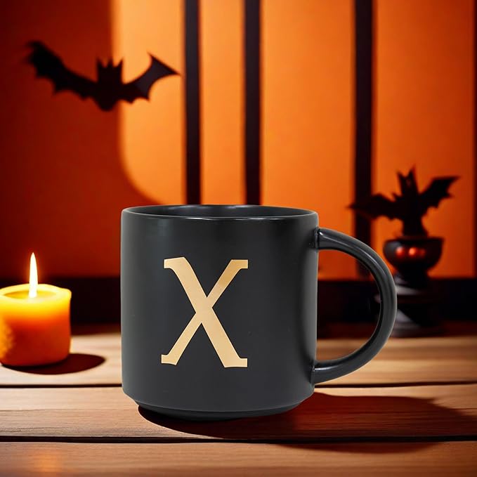 COLLECTIVE HOME - Monogram Ceramic Mugs, 15 oz Golden Initial Black Coffee Cups, Elegant Alphabet Tea Mugs, Elegant Personalized Mug with Gift Box, Unique Mug with Double Side Capital Lette (X)-Ruum Studio Home