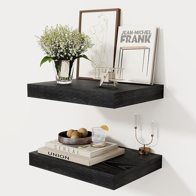 12 Inch Deep Black Floating Shelves, 16 x 12 Floating Shelf for Books, Rustic Wood Deep Wall Shelves for Home Storage & Display, 2" Thicked Shelves for Kitchen, Living Room, Bedroom, 2 Pack-Ruum Studio Home