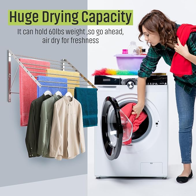 Smartsome | Wall Mounted | Clothes Drying Rack| 22" Wide |15 Linear Feet Capacity | 8 Smooth Round Stainless Steel Rods | 60 lb Capacity | Fully Assembled | Compact Sturdy Space-Saving Design-Ruum Studio Home