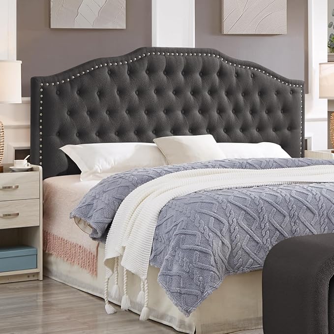 24KF Upholstered Button Tufted King Size Headboard with Nailhead Trim, Elegant Boucle Fabric California King headboard, 6031-K-Boucle-Dark Gray-Ruum Studio Home