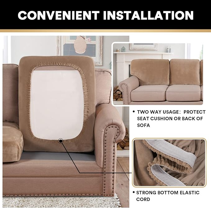 PrinceDeco Super Soft Couch Cushion Covers for Sectional Couch, Velvet Sofa Slipcover for Cushion Sofa pet Friendly with Elastic Bottom(Each Width Up to 29.5", Camel)-Ruum Studio Home