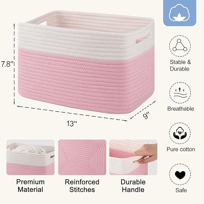 4 Pack Storage Baskets for Organizing, Woven Baskets for Shelves - Perfect for Toys, Books, Towels, and Clothes, Durable Gift Basket Bins Toy Storage, 12.7''Lx9''Wx7.8''H, Pink & White-Ruum Studio Home