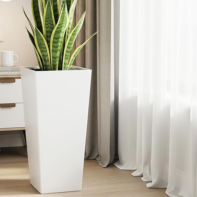 WORTH Garden Large 28 in.Tall Planters Set of 2 for Indoor and Outdoor, Heavy Duty Plastic White Modern Taper Flower Plant Pots with Drainage Hole and Dual-Purpose Tray for Front Porch, Patio-Ruum Studio Home
