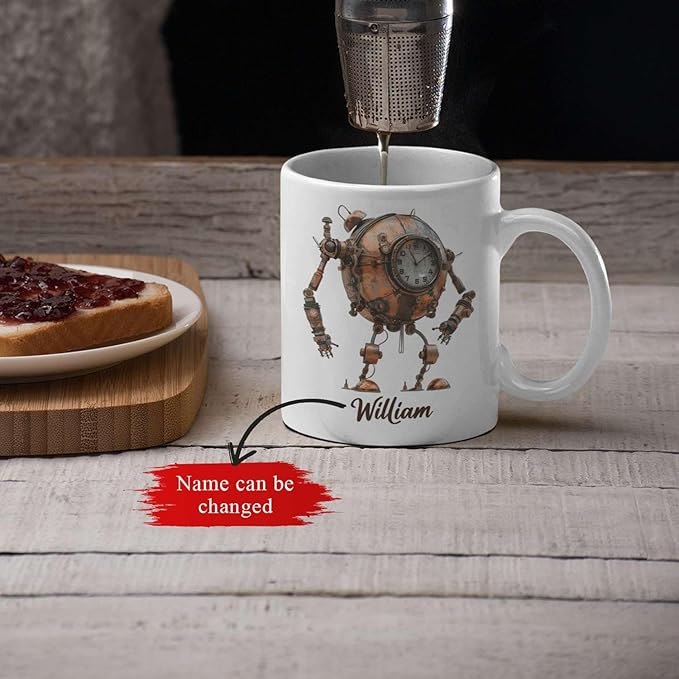 Steampunk Robot Coffee Mug With Custom Name, Customized Mechanical Themed Design Ceramic Cup, Steampunk Enthusiasts White Cup 11oz Or 15oz, Personalized Mug Gift For Daughter Son-Ruum Studio Home