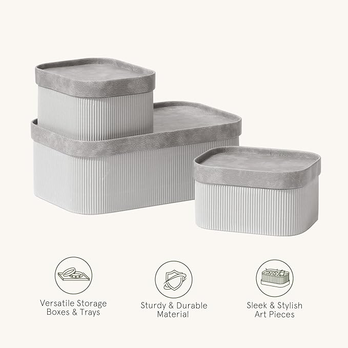 La Jolie Maison Fluted Cardboard Storage Baskets with Vegan Leather Lids, Sturdy Stackable Paper Boxes Decorative Tray, Modern Basket Organizer Bins Bathroom Bedroom Organizing, Storm Grey, Set of 3-Ruum Studio Home