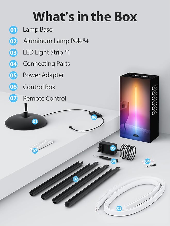 Corner Floor Lamp, Smart RGB LED Corner Lamp with App & Remote, Modern Floor Lamp with 16 Million Colors, Music Sync, Scene Modes, Color Changing Standing Lamps for Living Room, Bedroom-Ruum Studio Home