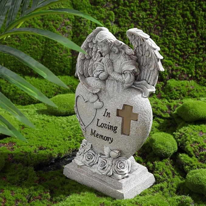 Garden Angel Statue with Cross Solar LED Light, Memorial Gifts for Loved Ones, Cemetery Grave Decorations-Ruum Studio Home