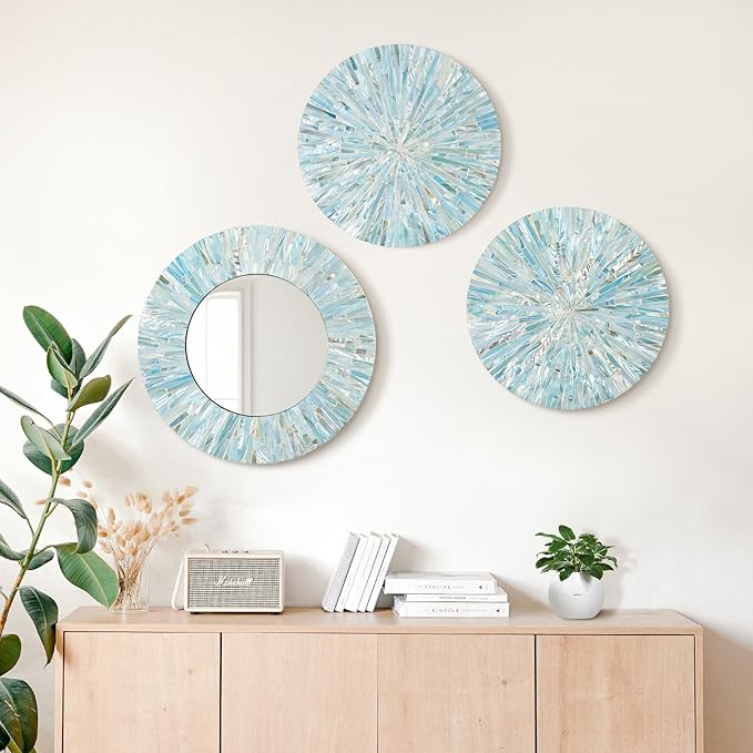 Beach Mirror Wall Decor for Living Room, 3PCS Natural Mother of Pearl Coastal Wall Art Bedroom Bathroom Decoration, Handmade Ocean Round Wall Hanging Sculptures for Home Office Holiday Hotel-Ruum Studio Home