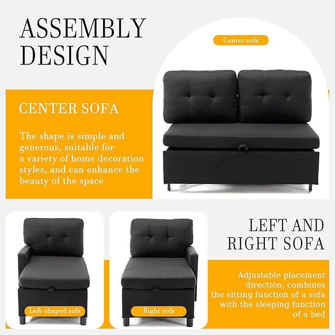 Pull Out Couch, Oversized Sleeper Sofa Couch, Sectional Sleeper Sofa Bed for Living Room Bedroom Lounge (Black, 73 Inch)-Ruum Studio Home