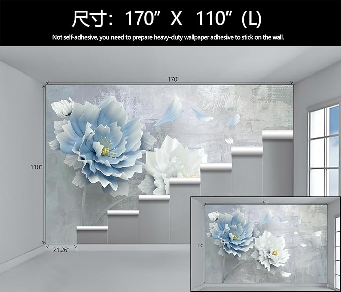WFBHUA-Blue Floral Wallpaper Mural Modern Peony Flower Wallpaper Large 3D Art Living Room Bedroom Bathroom Wall Mural Decor (Not Peel and Stick)-Ruum Studio Home