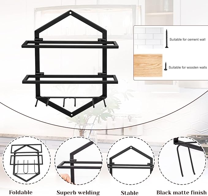 Wall Mounted Wine Stemware Rack, Metal Hanging Wine Glass Display Holde Holds 3 Cups 2 Bottles, Elegant Storage for Kitchen Dining Room Bar Wine Cellar (Black 2)-Ruum Studio Home