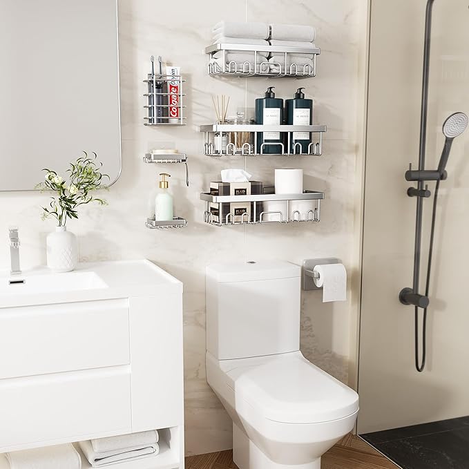 Veken Shower Caddy 6-Pack, Family Choice Award Winner, Large Wall Mounted Shower Rack, Bathroom Shelves Over Toilet, Organizer Storage Accessories with Soap Dish&Toothbrush Holder-Ruum Studio Home