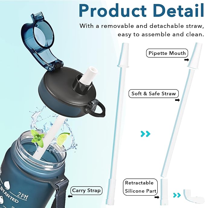 Enerbone Water Bottle, Leakproof BPA & Toxic Free, Motivational Water Bottle with Times to Drink and Straw, Fitness Sports Water Bottle with Strap for Office, Gym, Outdoor Sports-Ruum Studio Home