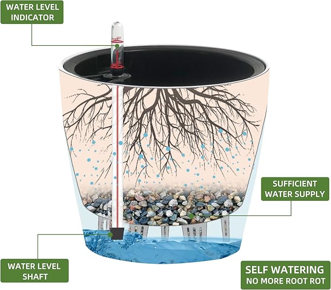 Dexceder 11x10 Inches Self Watering Planter Indoor Outdoor, Inner Pot Design, Thickened Table Flower Plant Pot with Water Level Indicator (Slate Gray Matte)-Ruum Studio Home