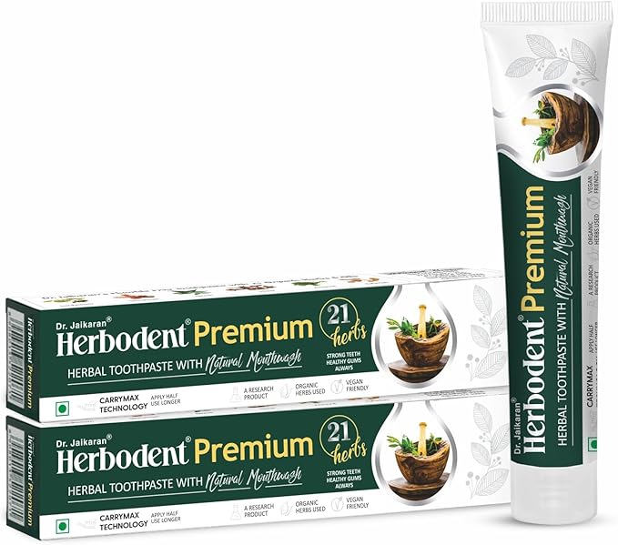 Herbodent® Premium Toothpaste - 5.82 Oz Pack of 2 | 21 Herbs for Strong Teeth & Healthy Gums- Neem, Clove, Cinnamon, Cardamom with Natural Mouthwash-No Paraben, No Fluoride, No Saccharin, No Triclosan-Ruum Studio Home