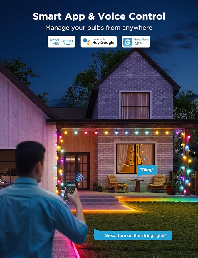 Govee Smart Outdoor String Lights 2, 144ft Outdoor Lights with Dimmable Warm White LED Bulbs, 47 Scene Modes for Patio, Backyard, Balcony, IP65 Waterproof, Works with Alexa, App Control-Ruum Studio Home