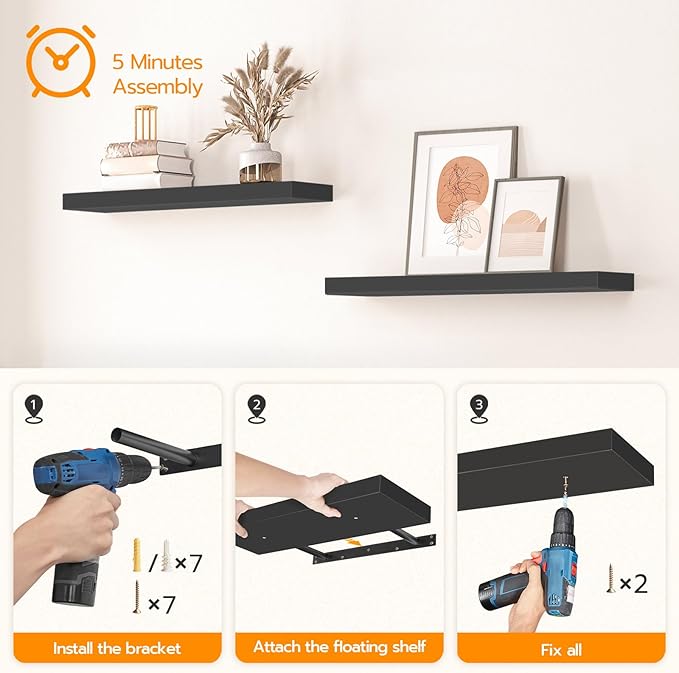 HOOBRO Floating Shelves for Wall, Wall Mounted Shelf Set of 2, 23.6" Hanging Shelf with Invisible Brackets, for Wall in Bathroom, Bedroom, Toilet, Kitchen, Living Room, Office, Black BK60BJ01-Ruum Studio Home