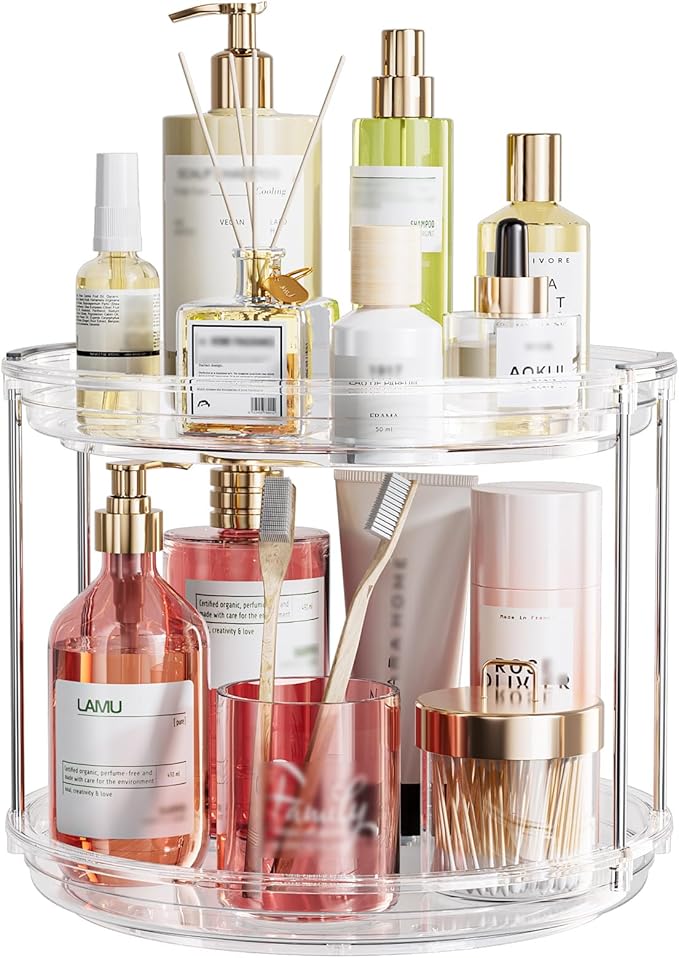 LAMU 10.6in Rotating Makeup Organizer for Vanity, 2 Tier Lazy Susan Turntable Stackable Spinning Skincare Organizer Cosmetic Perfume Tray for Bathroom Counter, Large Capacity, Clear-Ruum Studio Home