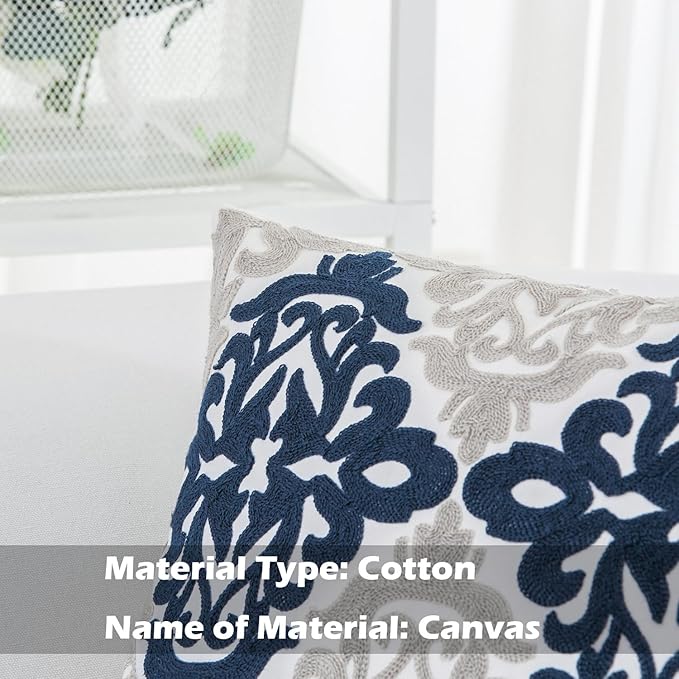 HWY 50 Navy Blue Decorative Throw Pillow Covers 18x18 Inch (1 Piece), Embroidered Cotton Farmhouse Cushion Cover Pillow Case for Sofa Couch Living Room Bed Bedroon, Floral Geometric-Ruum Studio Home