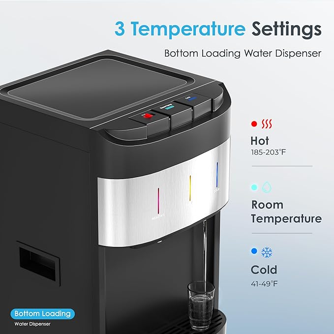 Euhomy Bottom Loading Water Cooler for 5 Gallons, 3 Temperature Settings-Cold/Hot/Warm, Child Safety Lock, Water Dispenser for Apartments, Schools, Companies, Black+Sliver-Ruum Studio Home