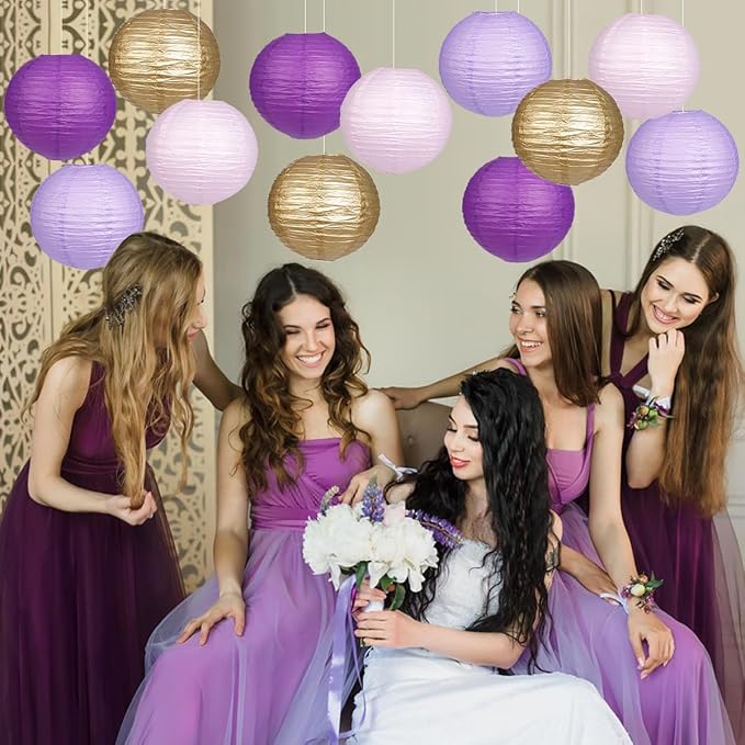 Paper Lanterns Purple Gold Round Hanging Chinese Lanterns for Birthday Baby Shower Bachelorette Party Decorations Pack of 12-Ruum Studio Home