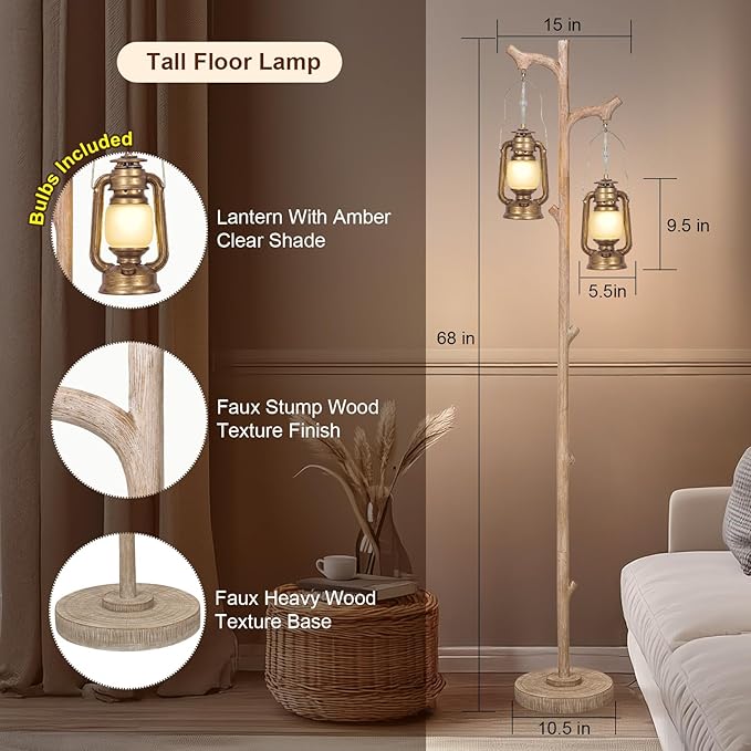 Scenekoy Vintage 68” Tall Floor Lamp with Lanterns, Retro Standing Lamp Tree Trunk Finish & Resin Body, Rustic Dimmable Corner Lamp Stand Up Light with Bulb Prefer for Living Room Bedroom Home Decor-Ruum Studio Home