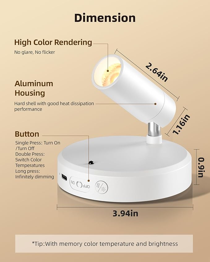 EZVALO Spot Lights Indoor,5500mAh Rechargeable Plants Spotlights with Remote,Wireless Mini Art Accent Spot Lights with Timer＆Dimmable, 3CCT, Uplights Indoor for Plants,Display,Artwork(4Pack-White)-Ruum Studio Home