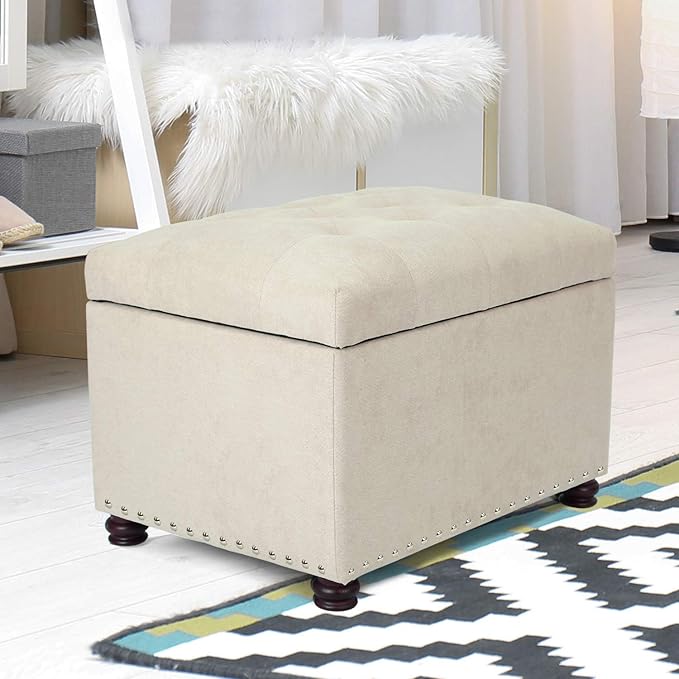 Joveco Storage Ottoman, 24" Fabric Rectangle Tufted Bench Foot Rest Stool for Living Room Bedroom, Beige-Ruum Studio Home