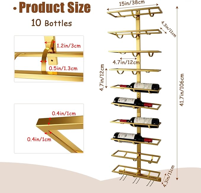 10 Bottle Wall Mount Wine Rack with Wine Glass Holder, Metal Wine Wall Rack, Wall Racks for Wine Bottles Display and Storage, Hanging Bottle Organizer for Living Dining Room Wine Cellar Bar (Gold)-Ruum Studio Home