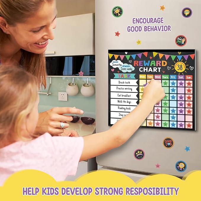Reward Chart for Kids,Magnetic Behavior Chore Chart for Kids at Home,26 Black Chore Charts,1960 Star Stickers,56 Reward Stickers,Incentive Chore Chart to Develop Responsibility and Good Habits-Ruum Studio Home