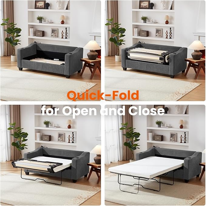 Pull Out Sofa Bed, Full Size Sleeper Sofa, 2-in-1 Convertible Corduroy Couch with USB Charging, Memory Form Couch for Living Room, Apartment and Small Space (Dark Grey, Corduroy - Full Size)-Ruum Studio Home