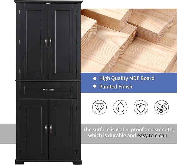 72.2" Tall Storage Cabinet with 4 Doors and Drawer, Freestanding Linen Cabinet, Wooden Pantry with Adjustable Shelf for Kitchen, Bathroom, Living Room Black-Ruum Studio Home