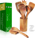Teak Wooden Spoons for Cooking - 9 Pcs Comfort Grip Kitchen Utensil Set with Holder & Rest-Ruum Studio Home