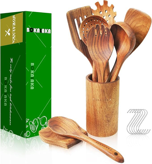 Teak Wooden Spoons for Cooking - 9 Pcs Comfort Grip Kitchen Utensil Set with Holder & Rest-Ruum Studio Home