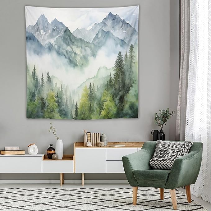 HZOHNAGO Mountain Tapestry Misty Green Forest Mountain Pattern Printed Wall Tapestry Wall Hanging for Bedroom Living Room Dorm 60" W x 60" H-Ruum Studio Home