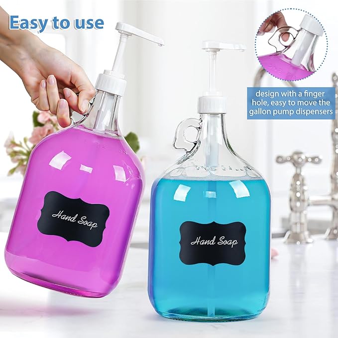 2 Pack Gallon Glass Pump Bottle Dispensers with 3 Pumps and 2 Airtight Lids, Laundry Soap Dispensers with 1 Funnel, Liquid Laundry Detergent Dispensers for Fabric Softener, Shampoo, Body Wash-Ruum Studio Home