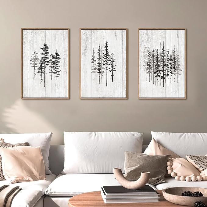HPINUB Woodcut Style Pine Tree Framed Canvas Wall Art Set, Minimalist Modern Black and White Forest Wall Decor, Rustic Minimalist Canvas Painting for Living Room,Bedroom,Office Decor-16 x24 x3-Ruum Studio Home