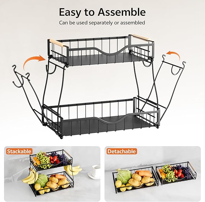 2 Tier Fruit Basket with 2 Banana Hangers, Fruit Bowl for Kitchen Countertop with 2 Wooden Handle, Detachable Metal Fruit Holder for Vegetable Bread with 2 Protective Pads, Black-Ruum Studio Home