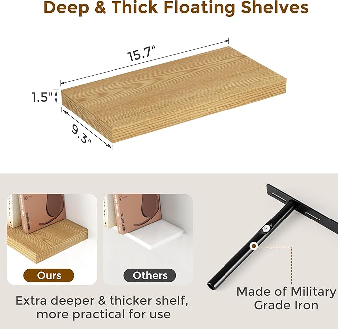 Fun Memories 16 Floating Shelves for Wall, 9 Inch Deep Floating Shelf for Bathroom, Rustic 16 x 9 Floating Shelf for Kitchen, Bedroom, Wide Wooden Shelves Wall Mounted, Oak Color, Set of 2-Ruum Studio Home