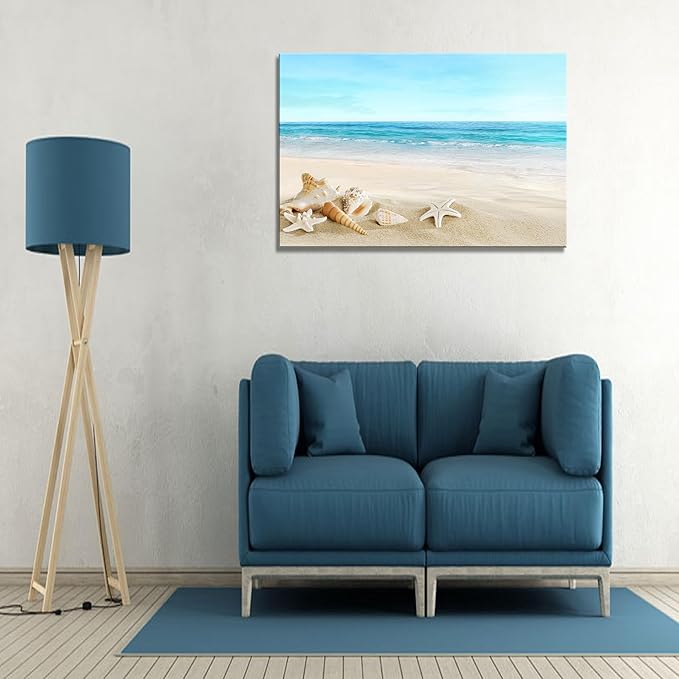 DZL Art S73981 Beach Picture Decor Ocean Painting Canvas Wall Art Prints of Starfish and Seashell on Sandy Seaside Ready to Hang for Living Room Bedroom Office Wall Decor Home Decoration-Ruum Studio Home