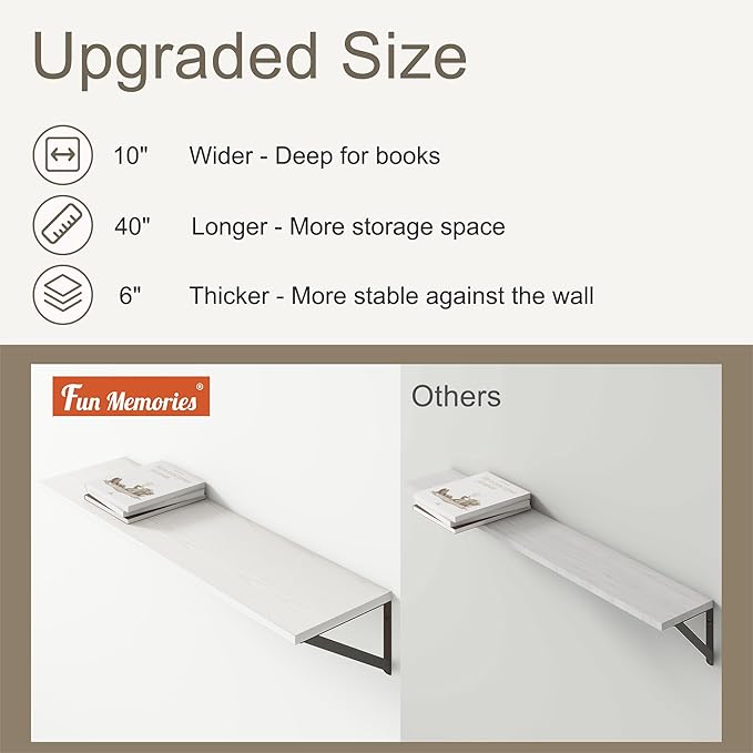 Fun Memories 40 Inch Floating Shelves, 10 Inch Deep Wall Shelf, 40 x 10 Floating Shelf Set of 2, White Wood Floating Shelf Wall Mounted, Large Kitchen Living Room Bedroom Storage Shelves-Ruum Studio Home