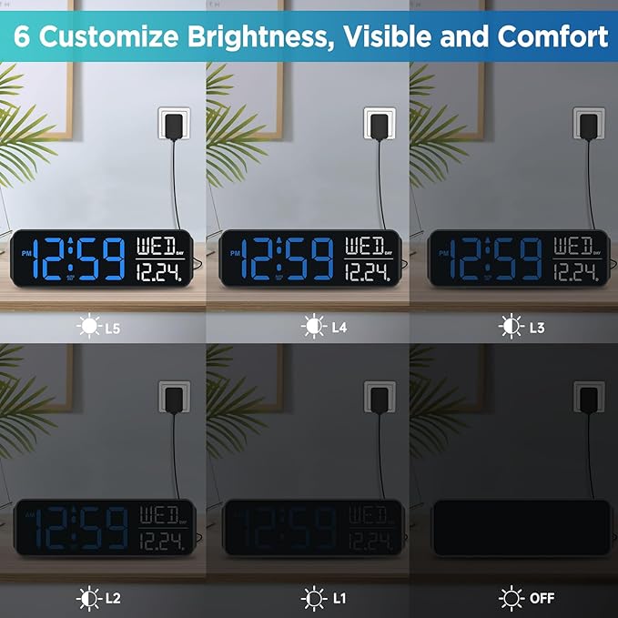 Peakeep Large Display Digital Alarm Clock for Bedrooms, Date Day of Week Calendar Desk Table Clocks for Living Room Office, Dimmable Plug in Electric Clock, 5 Volumes, Loud, Auto DST-Ruum Studio Home