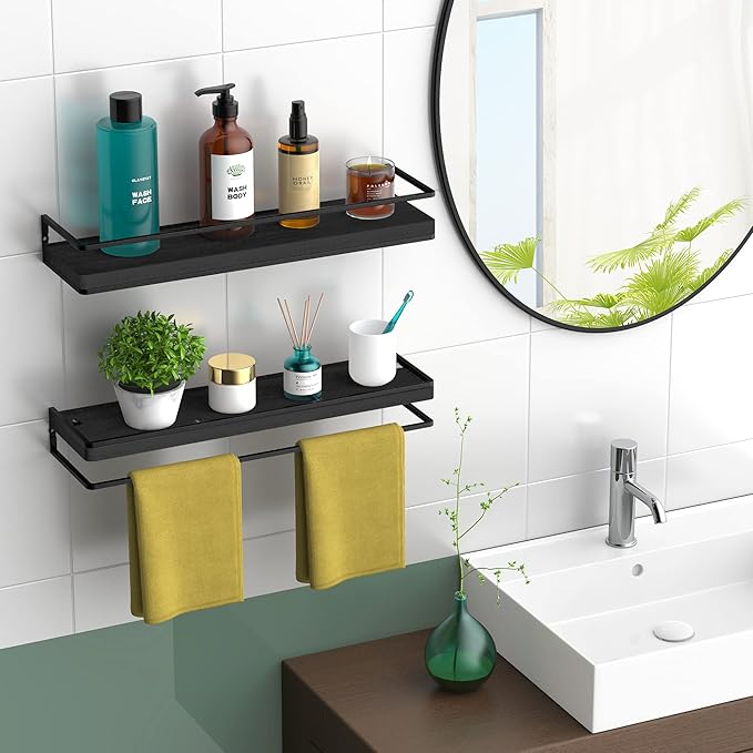 Meangood Floating Shelves Wall Mounted Set of 2, Rustic Wood Wall Storage Shelves for Bedroom,Living Room,Bathroom, Kitchen (Black)-Ruum Studio Home