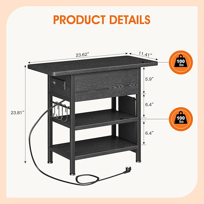 End Table with Charging Station, Flip Top Nightstand with USB Ports and Outlets,Couch Side Table with Fabric Bag and Hooks, Bedside Table for Space Saving, Living Room, Bedroom (Black)-Ruum Studio Home