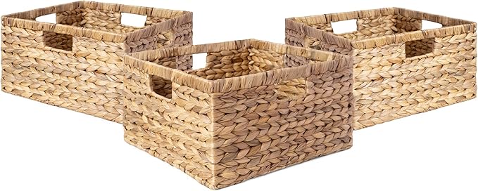 Large 14.5” x 13.5” x 8” (Set of 3) Natural Water Hyacinth Woven Storage Baskets, Rectangular Wicker Basket with Built-in Handles, Large (Natural)-Ruum Studio Home