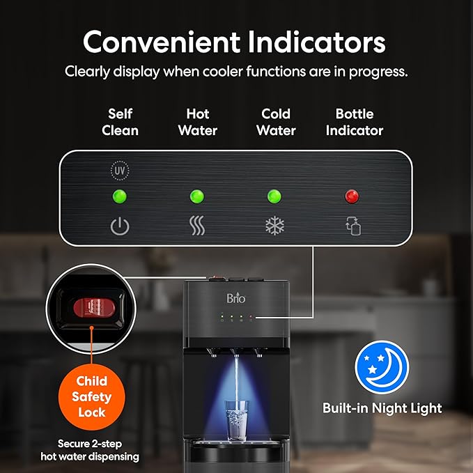 Brio Self Cleaning Bottom Loading Water Cooler Water Dispenser – Black Stainless Steel - 3 Temperature Settings - Hot, Room & Cold Water-Ruum Studio Home