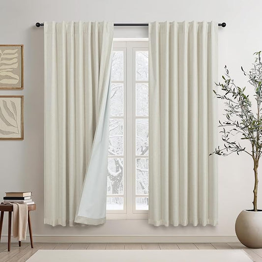 DANCURTON Living Room Black Out Curtains 63 Inch Long Boho Linen Blackout Insulated Thermal Room Darkening Kitchen Drapes for Nursery Kids Home Office Energy Saving Noise Reducing Back Tab Beige 52x63