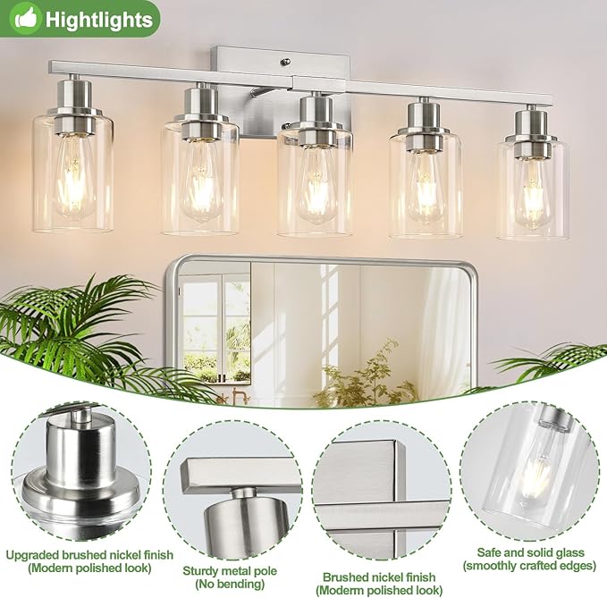 5-Light Bathroom Light Fixtures, Brushed Nickel Bathroom Vanity Light with Clear Glass Shades, Modern Bathroom Wall Lamp for Mirror Living Room Cabinet Bedroom Porch-Ruum Studio Home