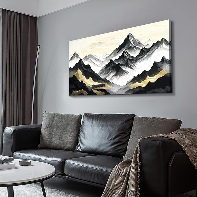 amatop Large Abstract Mountain Wall Art for Living Room Office Bedroom Modern Landscape Canvas Art Print Inspirational Artwork Horizontal Black Gold and White Nature Picture Wall Decor 48x24 Inch-Ruum Studio Home